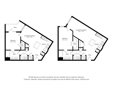 Floor plan for 1 bed, 1 bath, 659 sqft